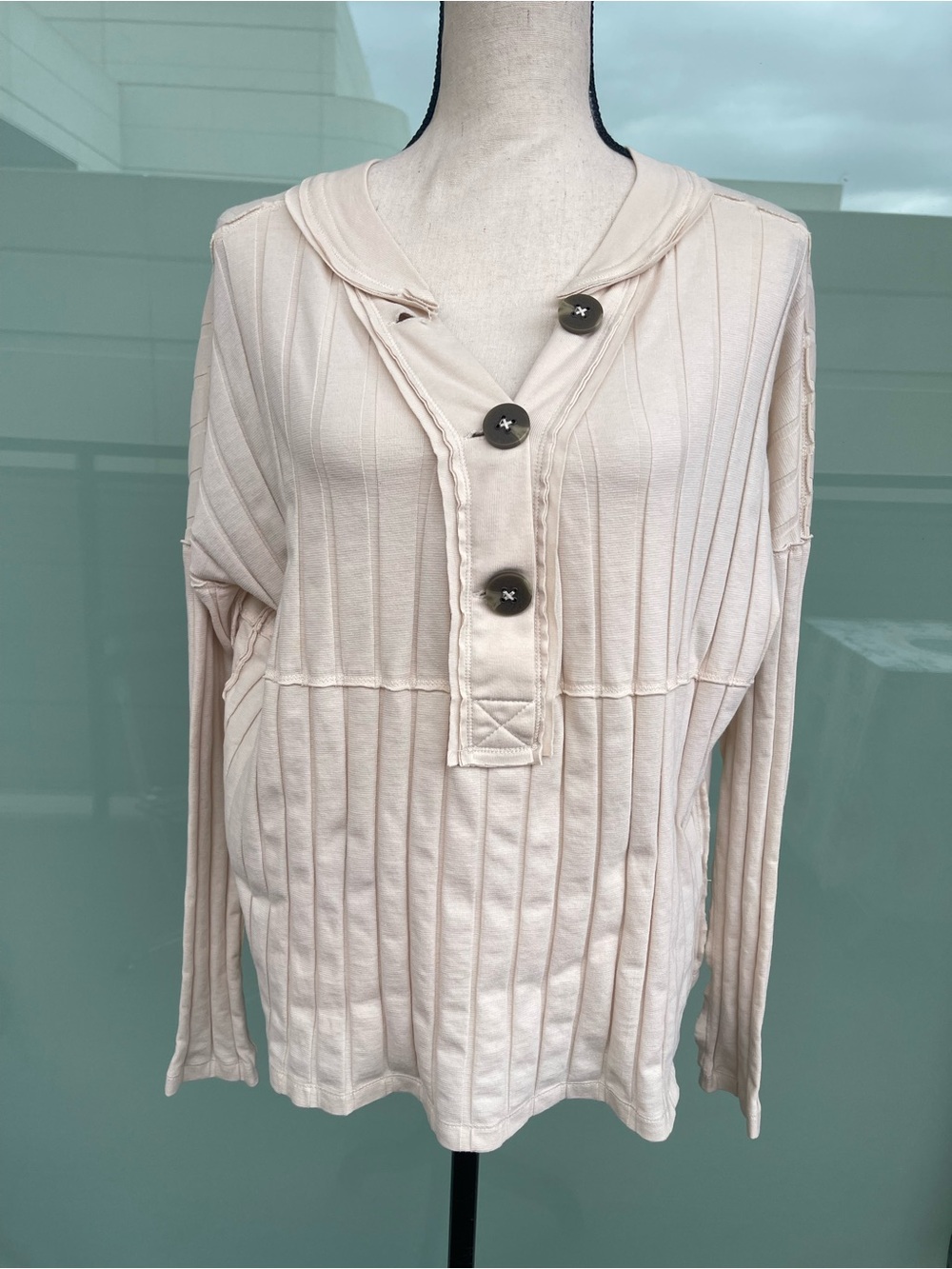 Free People Ribbed Cream Long Sleeve Partial Button Up Top Small